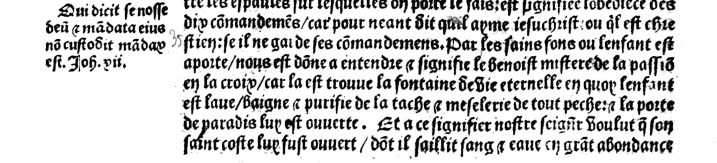 Fragment from the Ordinaire des Chrétiens, with (on the third last line, beginning third last word) the sentence 'Et la porte de paradis luy est ouverte'