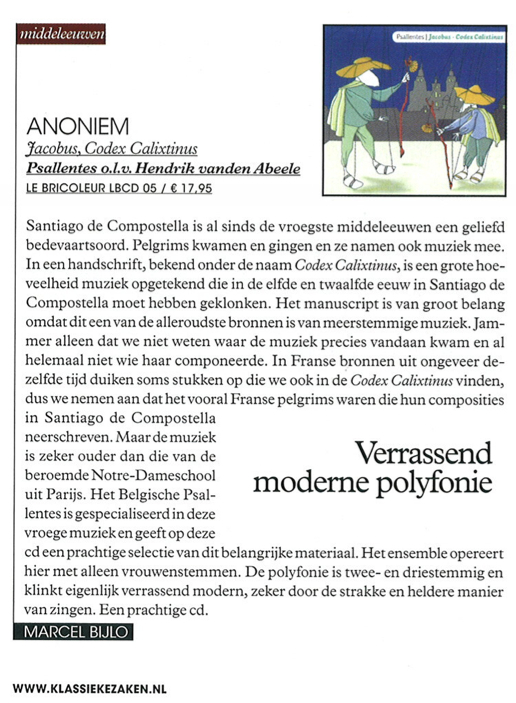 Klassieke Zaken 4 2013 Psallentes Jacobus Codex Calixtinus