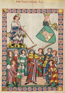 De Minnesanger Meister Heinrich Frauenlob. Afbeelding in de zogenaamde Codex Manesse uit Zürich, 1300-1340. [Heidelberg, Universitätsbibiothek, Cod. Pal. Germ. 848, Große Heidelberger Liederhandschrift, f399]