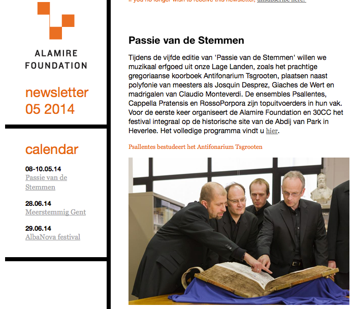 Newsletter Alamire Foundation Psallentes Hendrik Vanden Abeele Passie van de Stemmen 2014