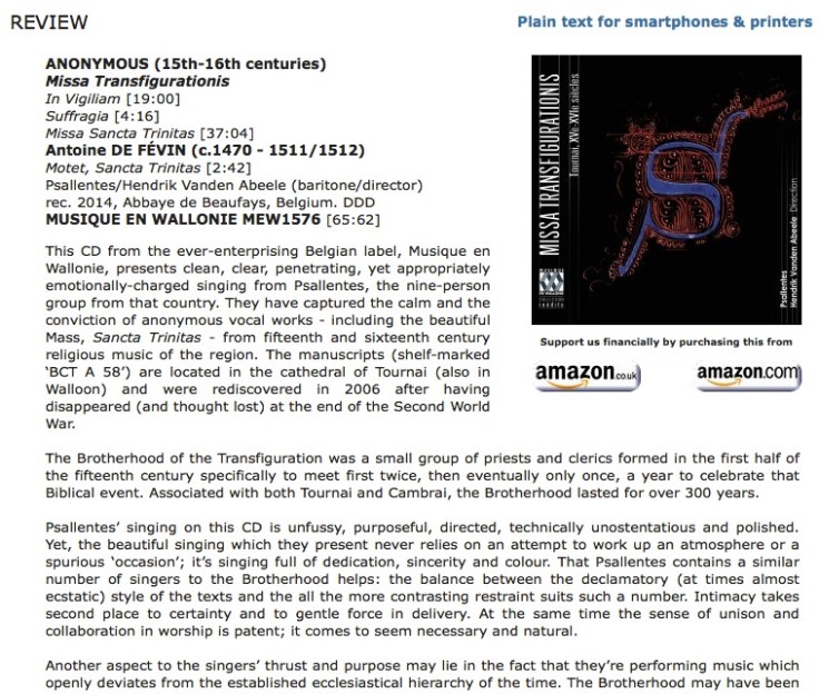 Review MusicWeb Psallentes Missa Transfigurationis